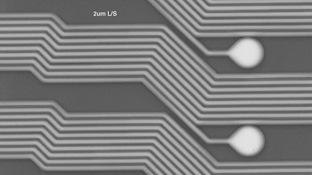 LLS02でパターニングした2 µmライン/スペースのレジストの走査電子顕微鏡写真